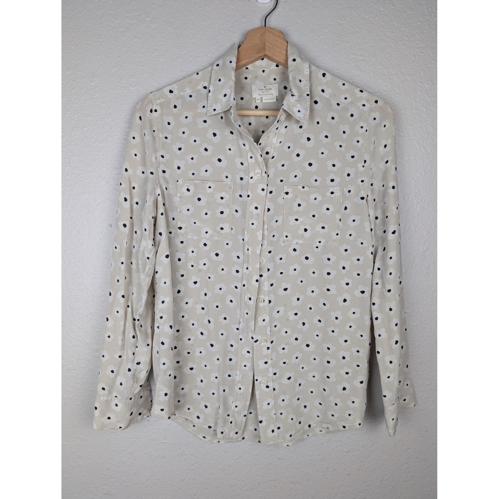 Kate Spade Shirt Womens XS Beige White Floral Silk Button Up Blouse Top